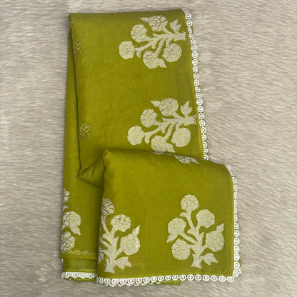 Chanderi Cotton Fancy Saree with Lace  Olive Green