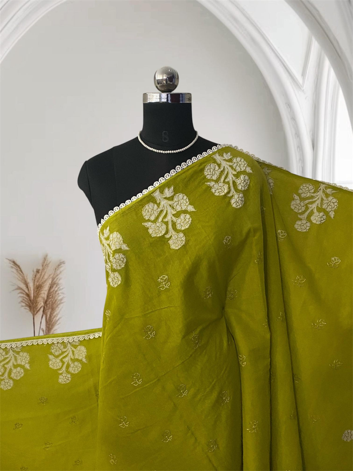 Chanderi Cotton Fancy Saree with Lace  Olive Green