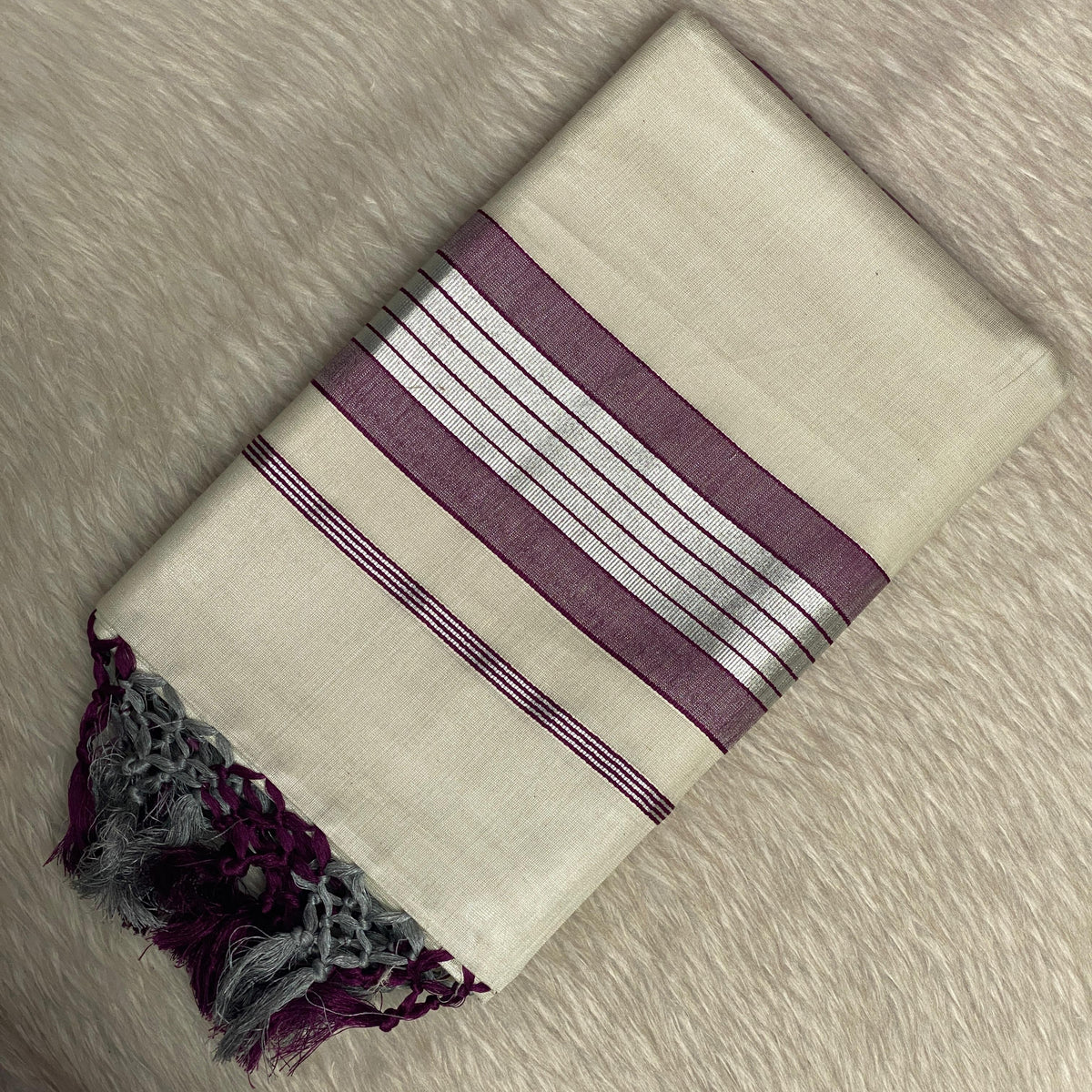 Silver Tissue Saree with Violet Contrast Border