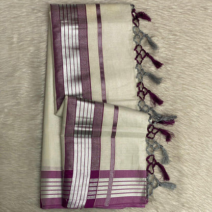 Silver Tissue Saree with Violet Contrast Border