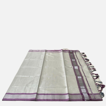 Silver Tissue Saree with Violet Contrast Border