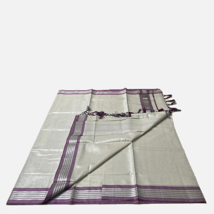 Silver Tissue Saree with Violet Contrast Border