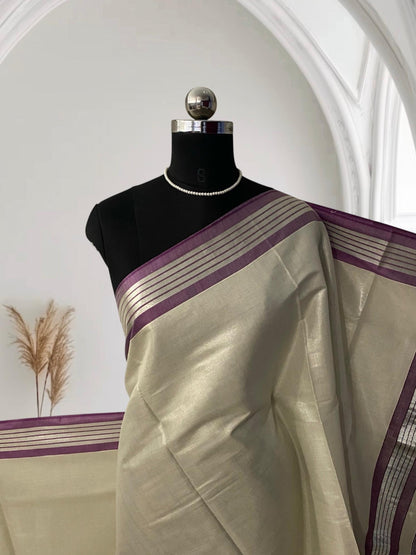 Silver Tissue Saree with Violet Contrast Border