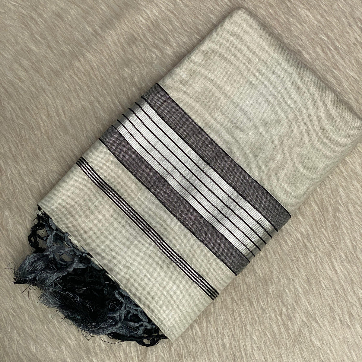 Silver Tissue Saree with Grey Contrast Border