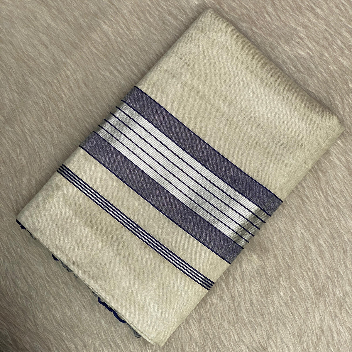 Silver Tissue Saree with Blue Contrast Border