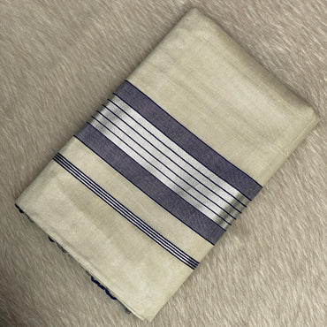 Silver Tissue Saree with Blue Contrast Border