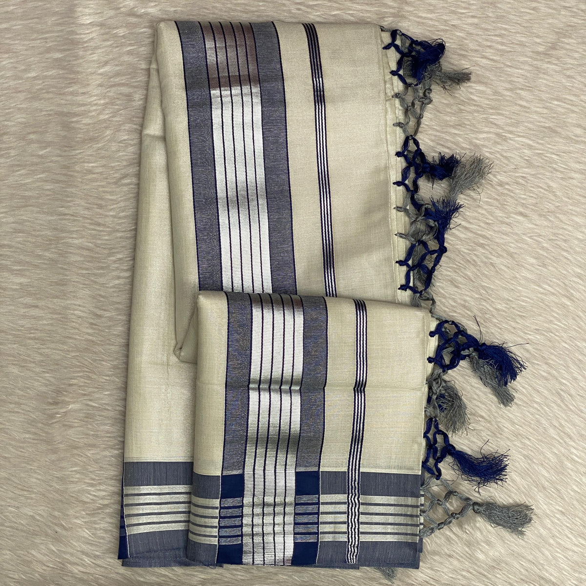 Silver Tissue Saree with Blue Contrast Border