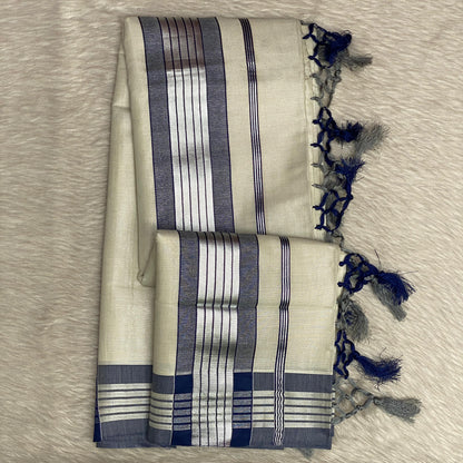 Silver Tissue Saree with Blue Contrast Border