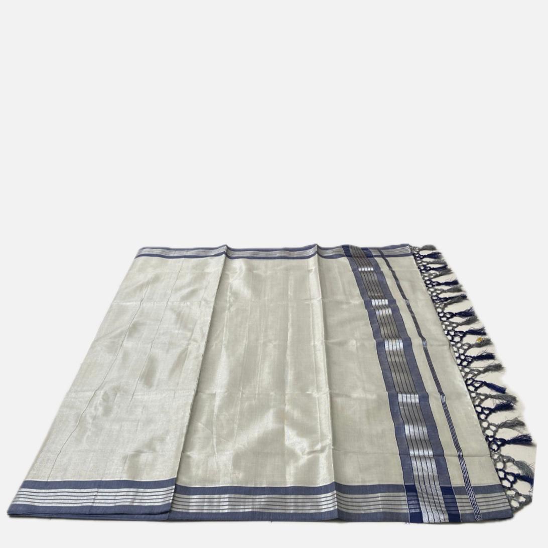 Silver Tissue Saree with Blue Contrast Border