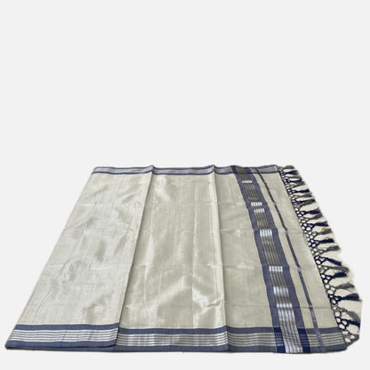 Silver Tissue Saree with Blue Contrast Border