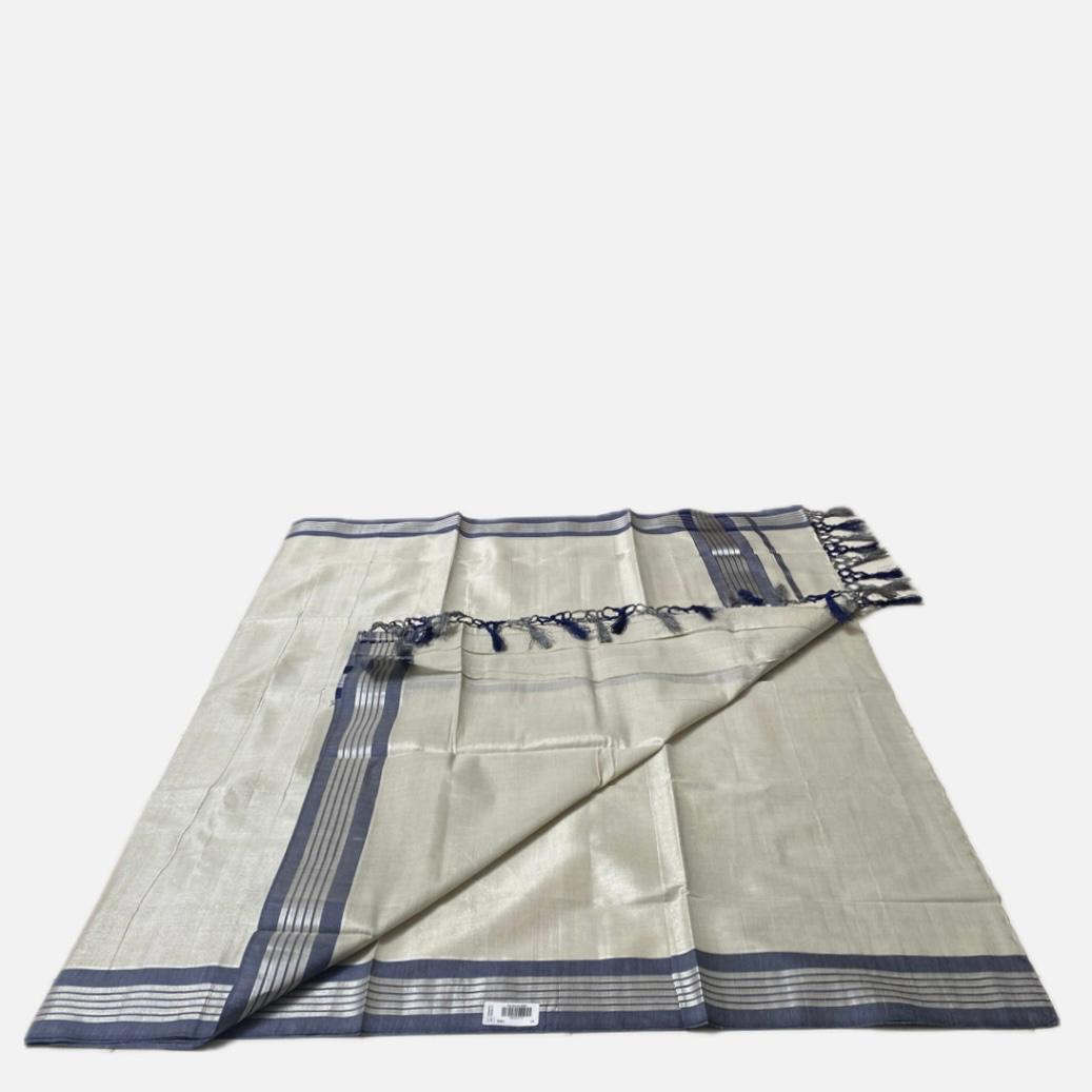 Silver Tissue Saree with Blue Contrast Border