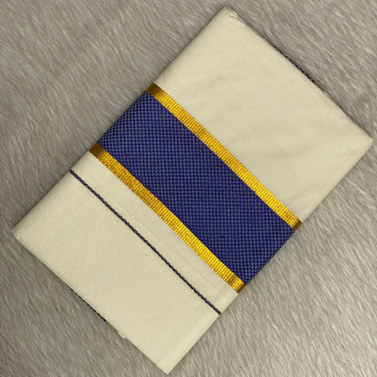 ClassicCotton Kasavu Set Mundu with Blue,Gold Zari Border