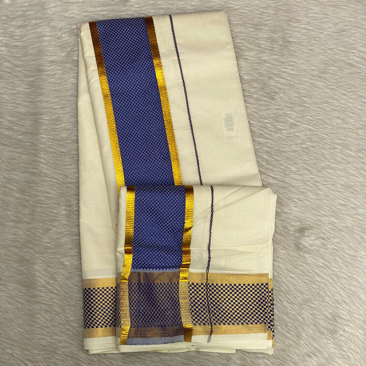 ClassicCotton Kasavu Set Mundu with Blue,Gold Zari Border