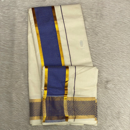 ClassicCotton Kasavu Set Mundu with Blue,Gold Zari Border