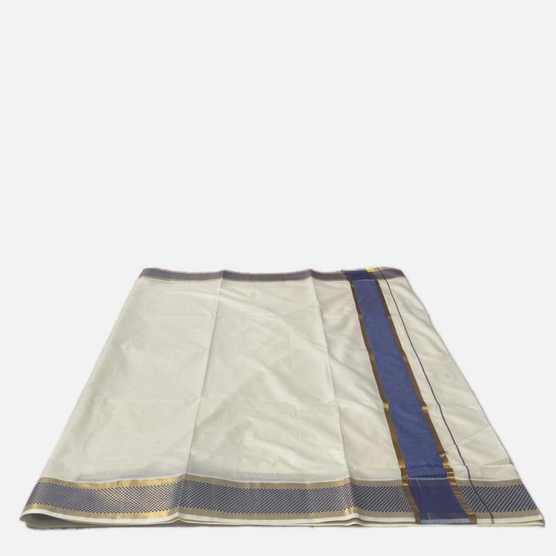 ClassicCotton Kasavu Set Mundu with Blue,Gold Zari Border