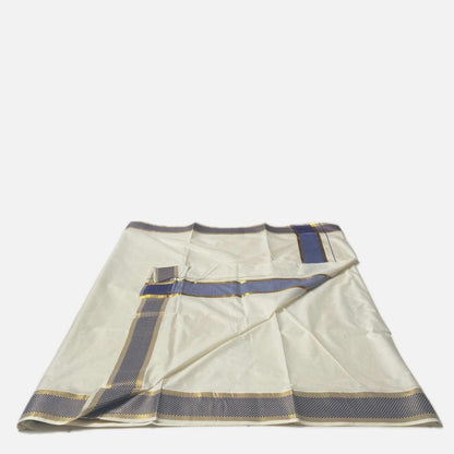 ClassicCotton Kasavu Set Mundu with Blue,Gold Zari Border