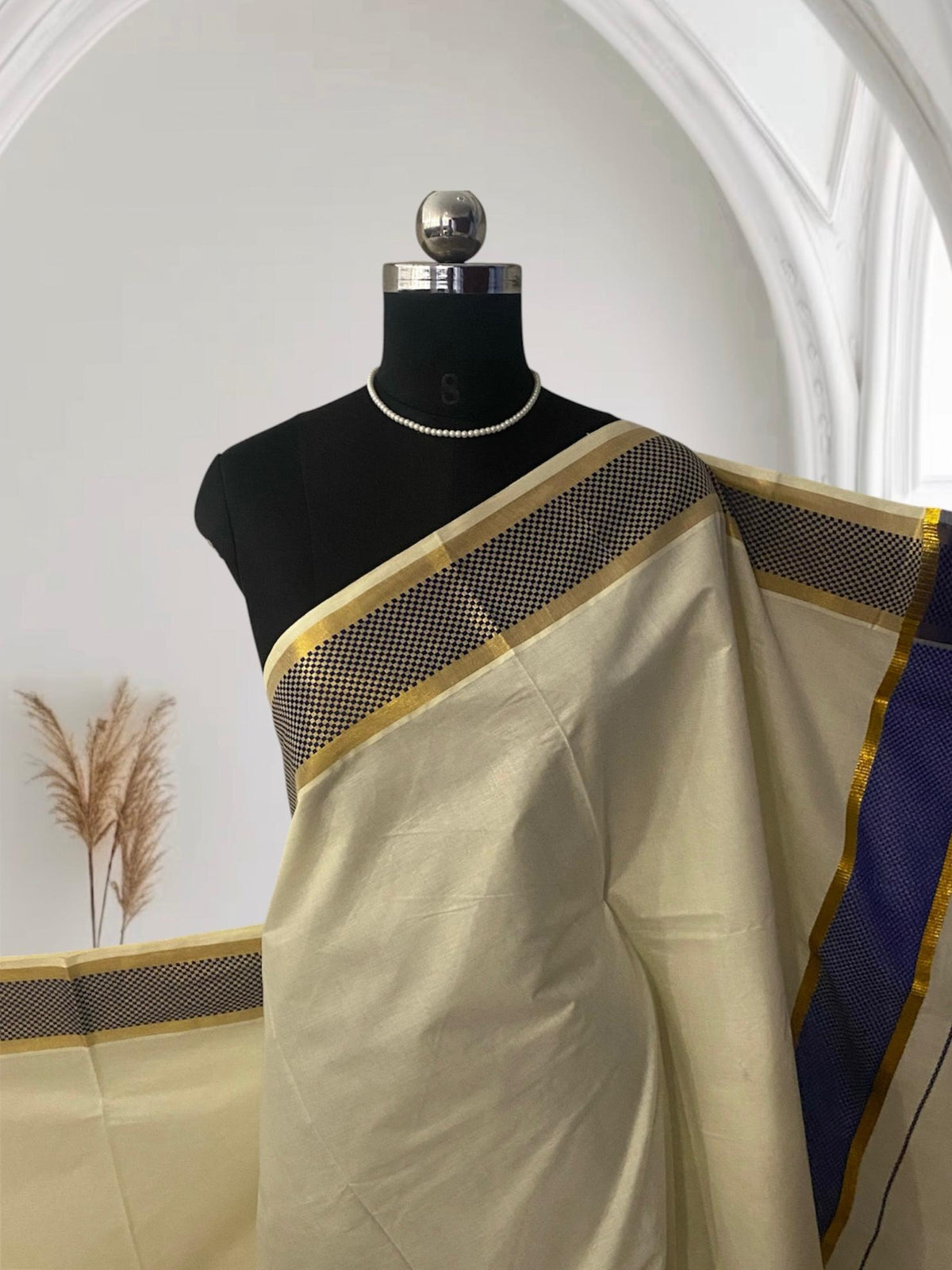 ClassicCotton Kasavu Set Mundu with Blue,Gold Zari Border