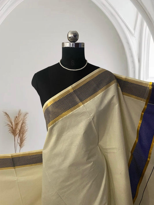 ClassicCotton Kasavu Set Mundu with Blue,Gold Zari Border