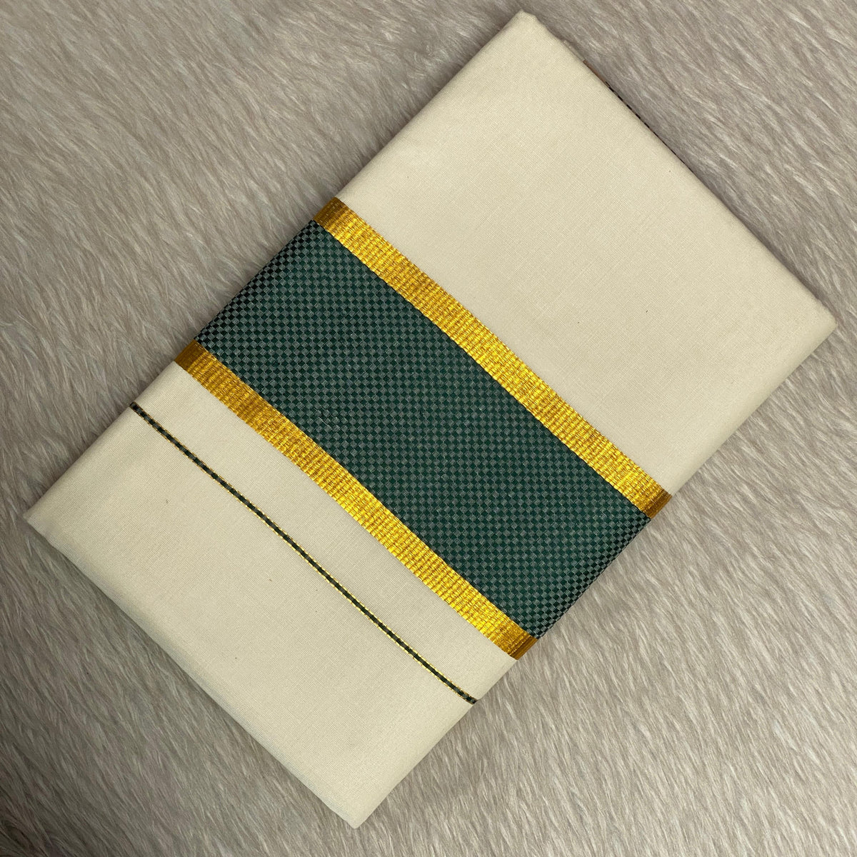 ClassicCotton Kasavu Set Mundu with Green, Gold Zari Border