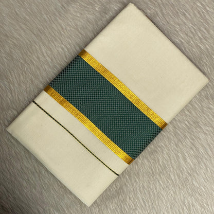ClassicCotton Kasavu Set Mundu with Green, Gold Zari Border