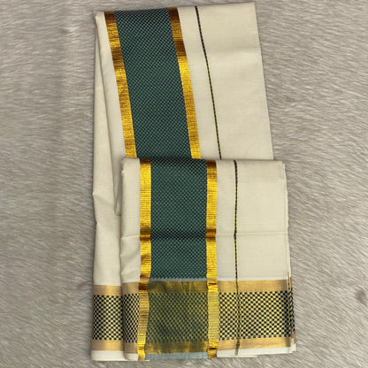 ClassicCotton Kasavu Set Mundu with Green, Gold Zari Border