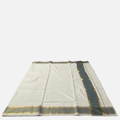 ClassicCotton Kasavu Set Mundu with Green, Gold Zari Border