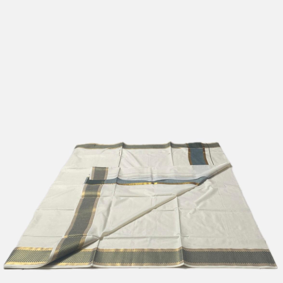 ClassicCotton Kasavu Set Mundu with Green, Gold Zari Border