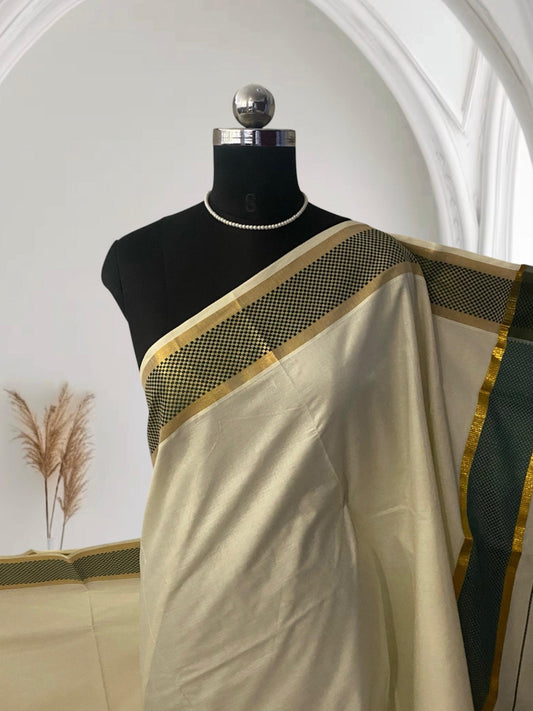 ClassicCotton Kasavu Set Mundu with Green, Gold Zari Border