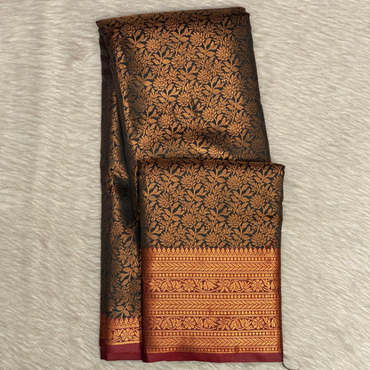 Rich Dark Navy Blue, Gold Tinted Kanjivaram-Style Semi Silk Saree (Wedding Collection)