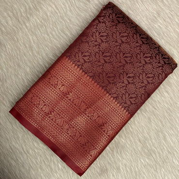 Rich Dark Brown & Maroon Kanjivaram-Style Semi Silk Saree (Wedding Collection)