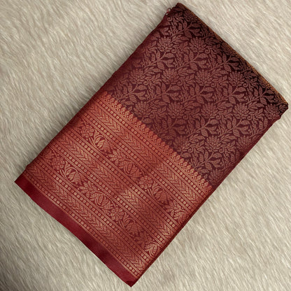 Rich Dark Brown & Maroon Kanjivaram-Style Semi Silk Saree (Wedding Collection)