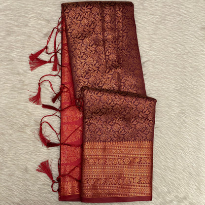 Rich Dark Brown & Maroon Kanjivaram-Style Semi Silk Saree (Wedding Collection)