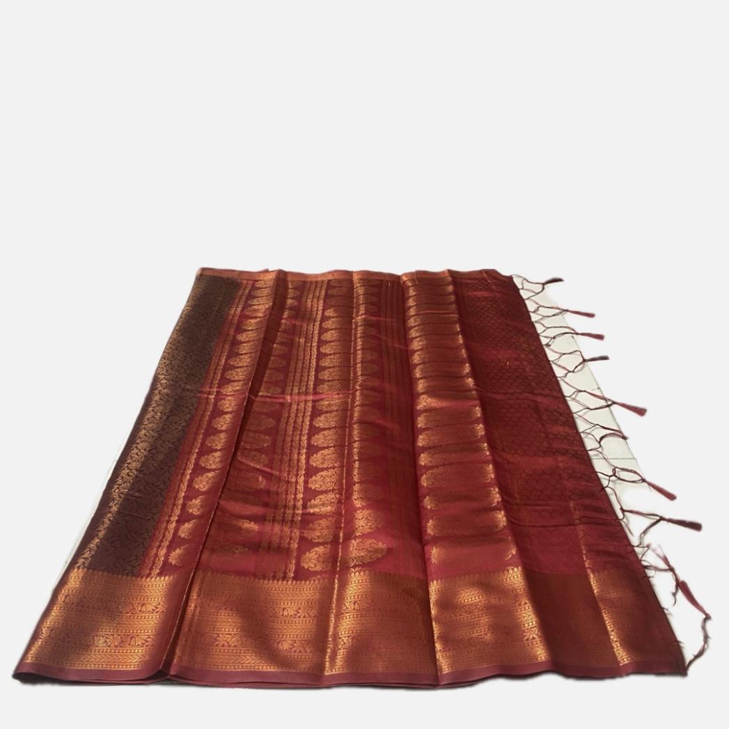 Rich Dark Brown & Maroon Kanjivaram-Style Semi Silk Saree (Wedding Collection)