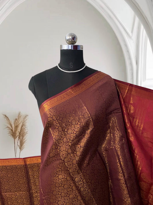 Rich Dark Brown & Maroon Kanjivaram-Style Semi Silk Saree (Wedding Collection)