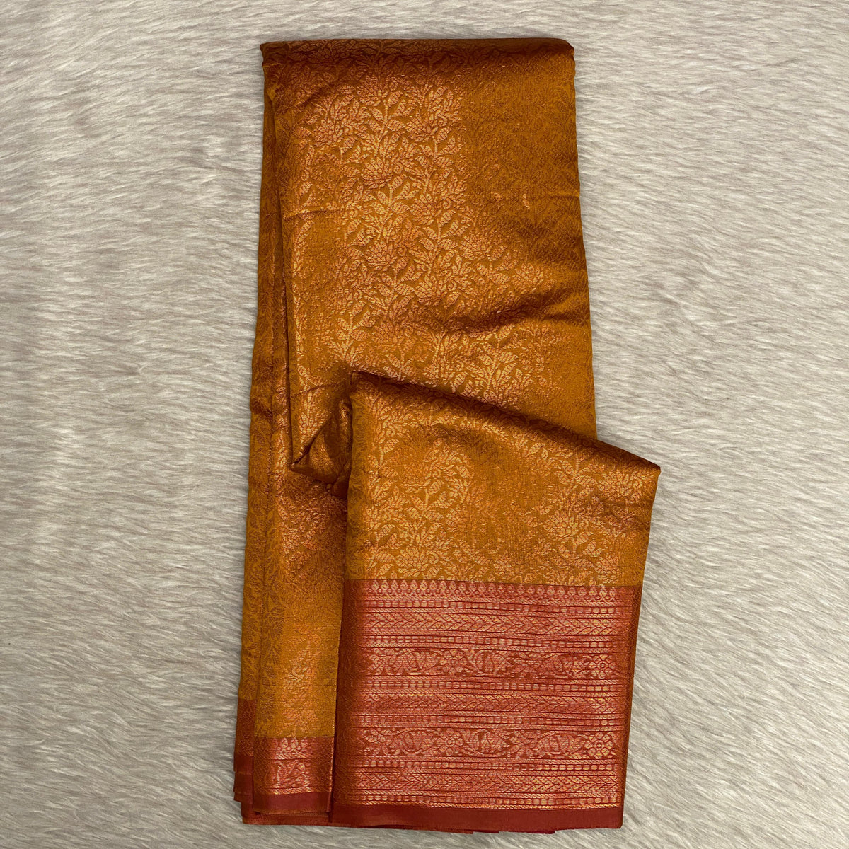 Rich Dark Mustard & Brick Red Kanjivaram-Style Semi Silk Saree (Wedding Collection)