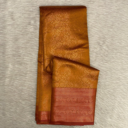 Rich Dark Mustard & Brick Red Kanjivaram-Style Semi Silk Saree (Wedding Collection)
