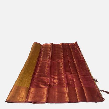 Rich Dark Mustard & Brick Red Kanjivaram-Style Semi Silk Saree (Wedding Collection)
