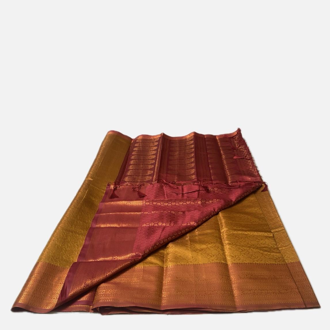 Rich Dark Mustard & Brick Red Kanjivaram-Style Semi Silk Saree (Wedding Collection)