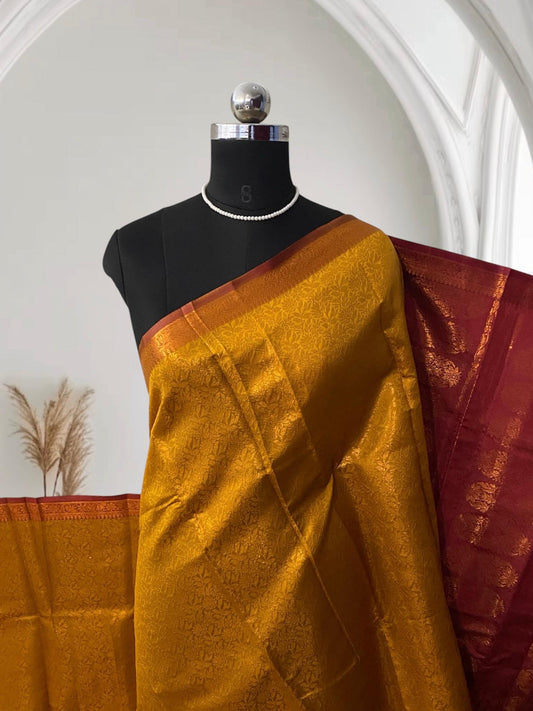 Rich Dark Mustard & Brick Red Kanjivaram-Style Semi Silk Saree (Wedding Collection)