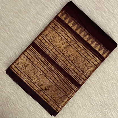 Classic Brown Kanchi Cotton Saree with Traditional Border