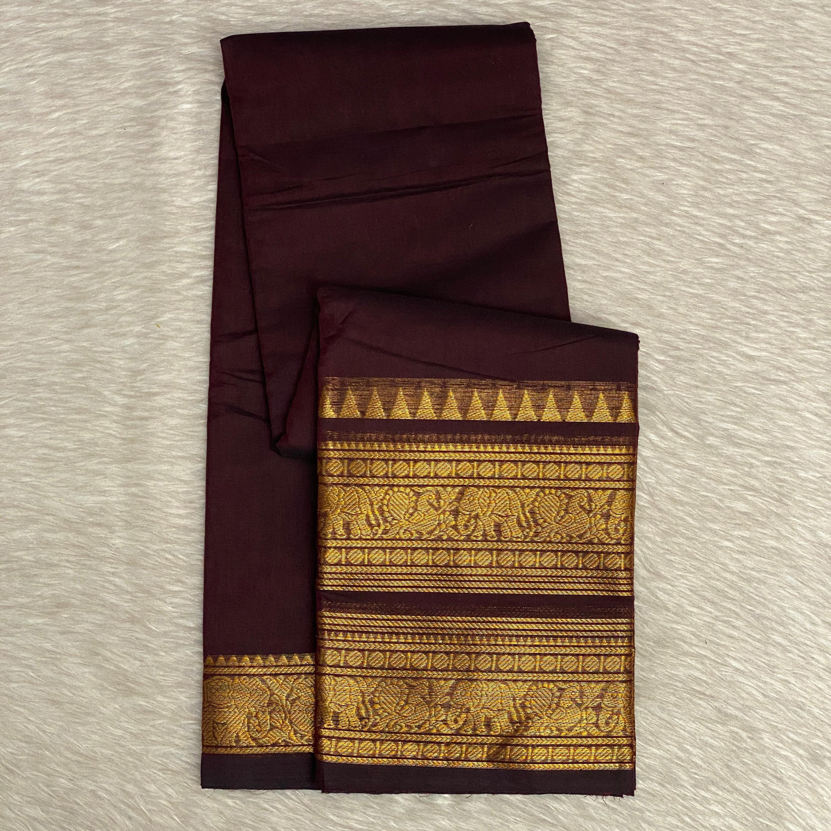 Classic Brown Kanchi Cotton Saree with Traditional Border