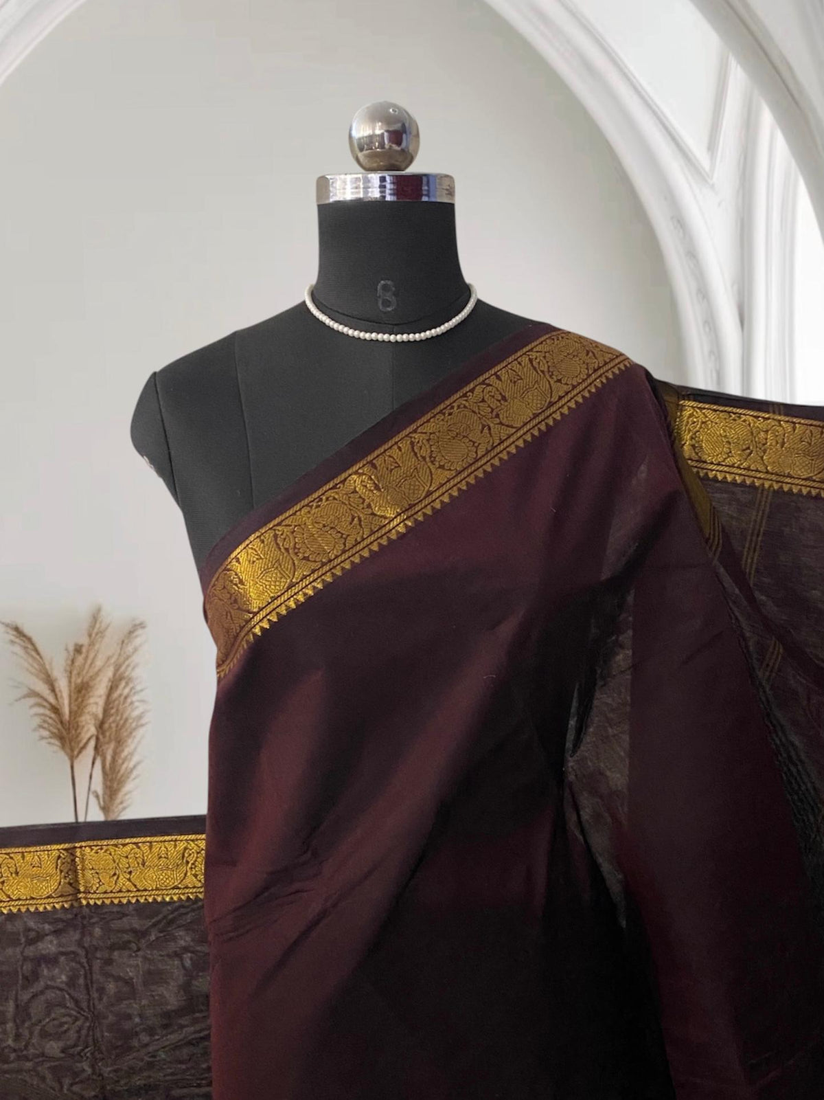 Classic Brown Kanchi Cotton Saree with Traditional Border