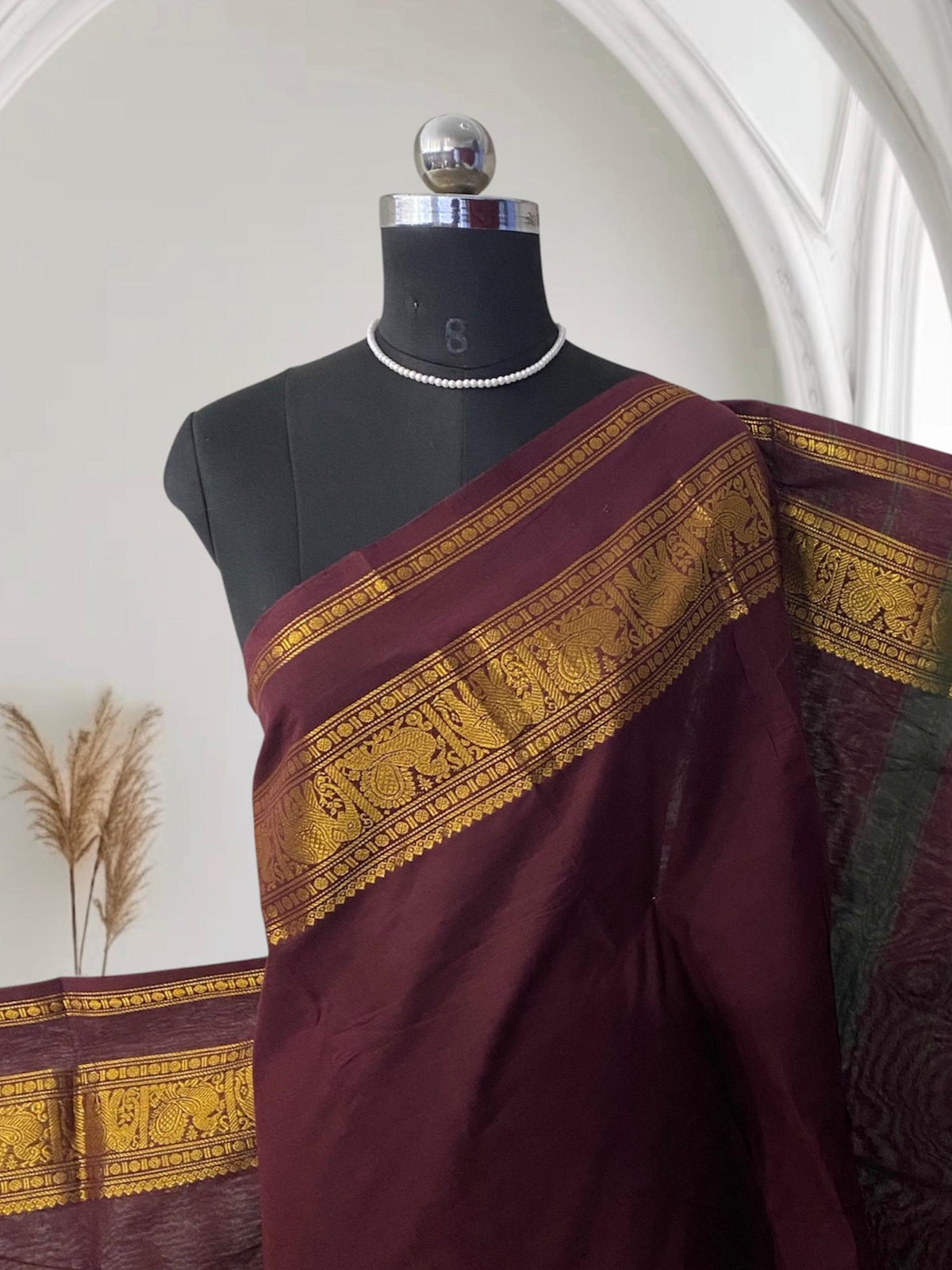 Classic Maroon Kanchi Cotton Saree with Traditional Border