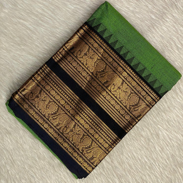 Classic Emerald Green Kanchi Cotton Saree with Traditional Border