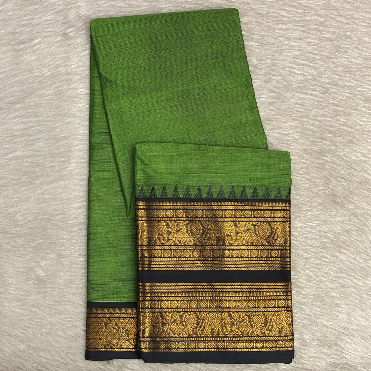 Classic Emerald Green Kanchi Cotton Saree with Traditional Border