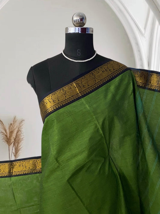 Classic Emerald Green Kanchi Cotton Saree with Traditional Border