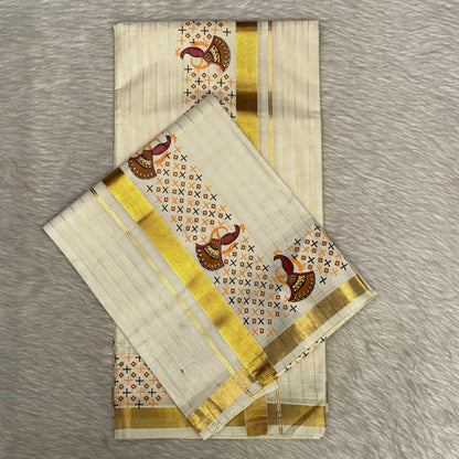 Classic Cotton  Kerala Setmund with Fine Gold Stripes