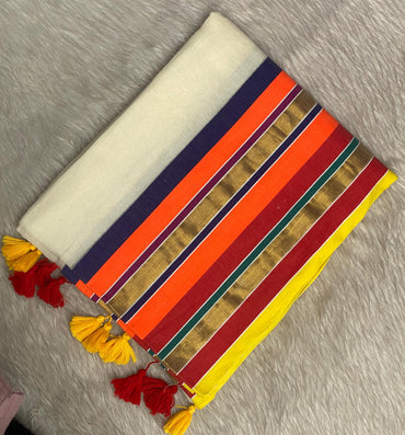 Vibrant Multi-Color Striped Design Mul Cotton Saree