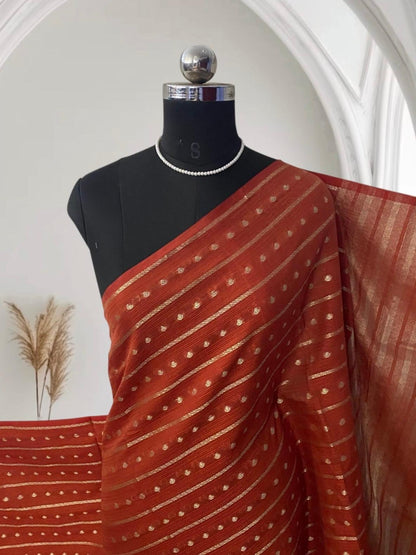✨Kannaki Banarasi Silk Golden Butti Saree  Rust Orange✨