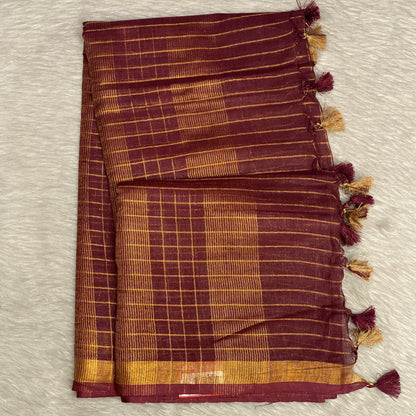 Vyshali Linen Jute Saree in Maroon Checks